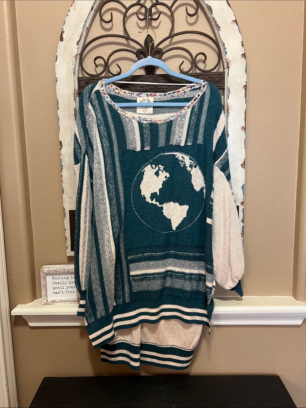 We The Free Teal & Cream Globe Knit Sweater